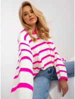 Fluo ružový a ecru pruhovaný oversized sveter so stojacím golierom od RUE PARIS
