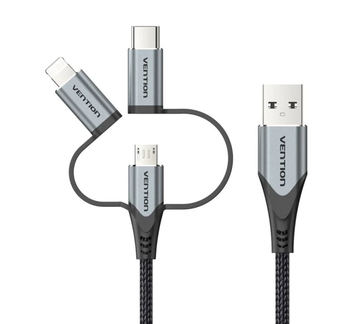Vention USB-A 3v1 Micro-B USB-C Lightning kábel 1 m sivý