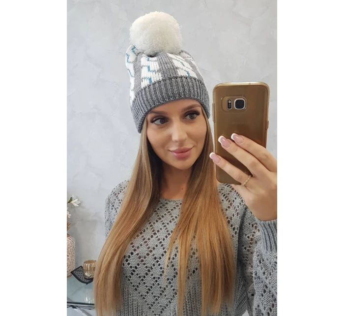 Dámska čiapka s brmbolcom Rozalia K323 biela+sivá