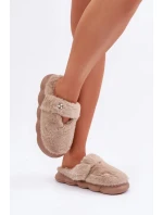 Papuče z umelej kožušiny s malou brošňou Dark Beige Primaria