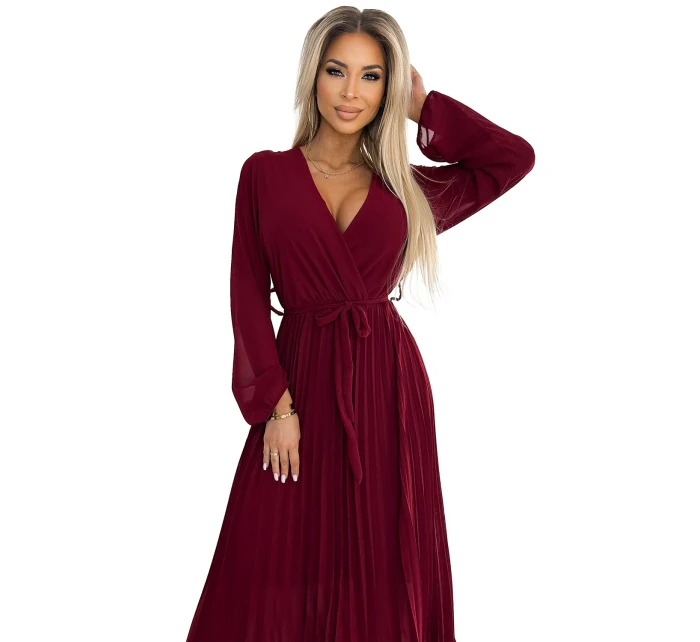 537-1 Plisované šifónové šaty s výstrihom, dlhými rukávmi a viazaným opaskom - Bordeaux 537-1 Plisované šifónové šaty s výstrihom, dlhými rukávmi a viazaným opaskom - Bordeaux