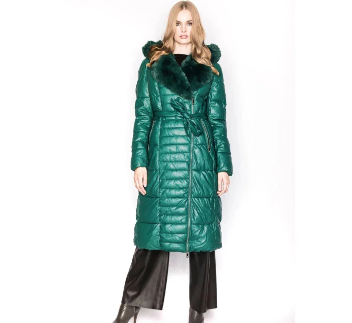 Dámska bunda s kožušinovým golierom zelená (ag6-28)