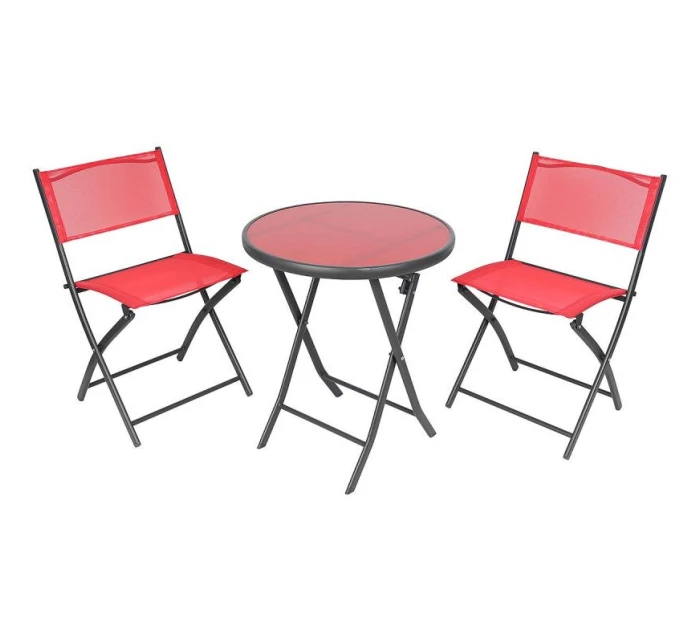 BALKÓNOVÝ NÁBYTOK SADA OKRÚHLY STÔL A 2 SKLADACIE STOLIČKY ČERVENÁ
