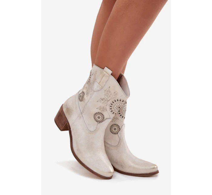 Zamszowe Skórzane Botki Damskie Ażurowe Na Obcasie Zazoo 3844 Złoty Przecierany