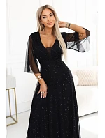 Dlouhé lesklé plus size šaty s výstřihem a rukávy černé model 22200156 - numoco basic Dlouhé lesklé plus size šaty s výstřihem a rukávy černé model 22200156 - numoco basic