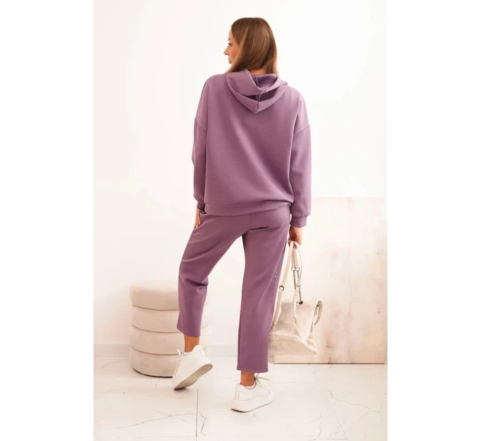 Komplet dámský máslový mikina s kapucí a kalhoty s páskem fialový
