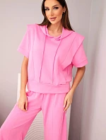 Dámsky maslový set mikina s kapucňou a voľné nohavice so šnúrkou na stiahnutie svetlo ružová