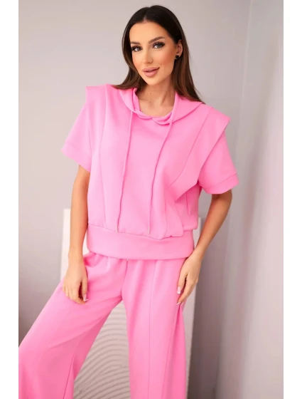 Dámský máslový komplet mikina s kapucí a volné kalhoty se šňůrkou světle růžová