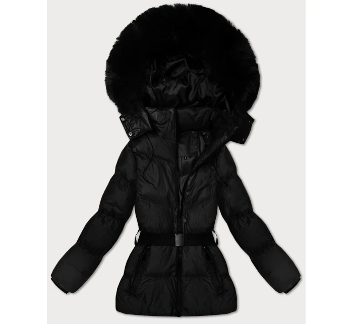 Černá zimní bunda s kapucí a s opaskem model 21479119 - J.STYLE