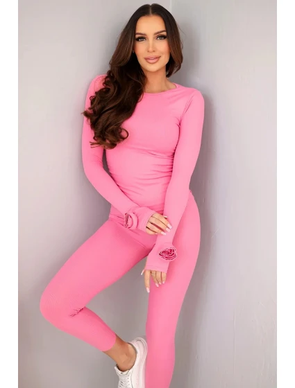 Dámska pruhovaná súprava z viskózy s dlhými rukávmi a legínami svetlo ružová