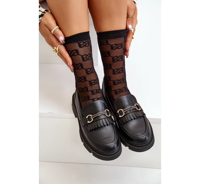 Mokasyny Damskie Z Ozdobą Eko Skórzane Czarne Tialorae