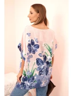 Dámská bavlněná blůza s květinovým potiskem a krátkým rukávem pudrově růžová