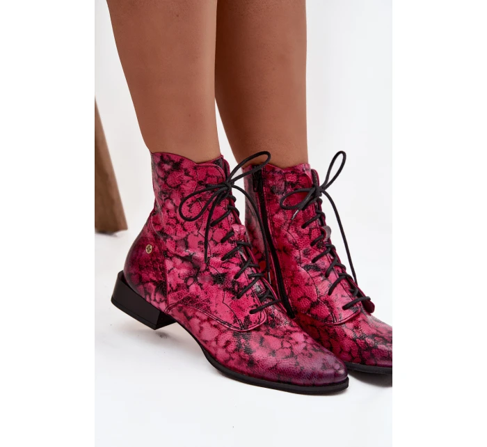 Kožené vzorované kotníkové boty na ploché podrážce model 21714214 Růžové - Maciejka