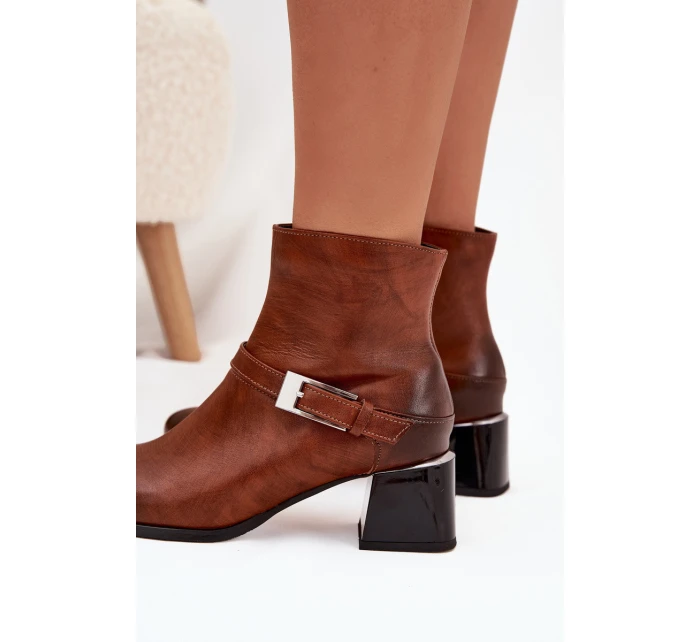 Skórzane Botki Damskie Na Obcasie Z Klamrą Zazoo 60562 Brązowe