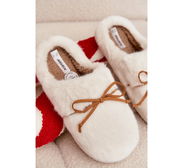 Dámske chlpaté papuče s mašľou - ecru Minella