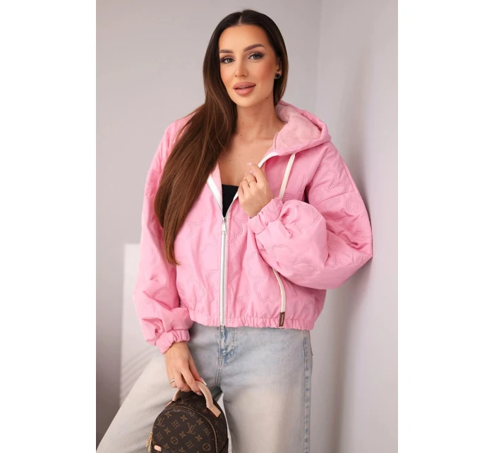 Dámská prošívaná bunda s kapucí a ozdobným květinovým model 22102092 světle růžová - K-Fashion