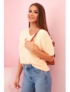 Dámsky marhuľový sveter s krátkym výstrihom do V z mäkkej kožušiny