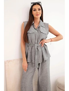 Dámska súprava s blúzkou s kravatou a širokými nohavicami grafitová