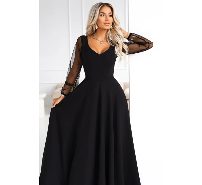 LORETTA dlouhé šaty s rukávy a výstřihem černé model 21791763 - numoco