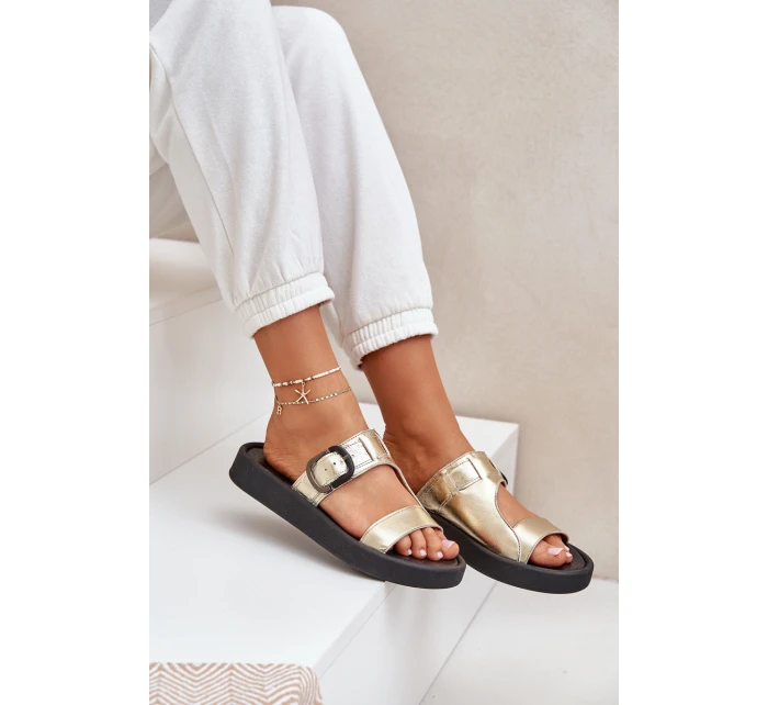 Skórzane Klapki Damskie Na Platformie Zazoo 3024 Złote