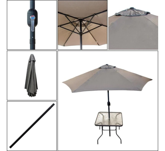 SET ZÁHRADNÉHO NÁBYTKU SYDNEY STÔL 4 STOLIČKY A SLNEČNÍK SIVÝ