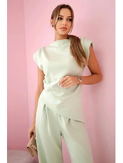 Asymetrická blúzka + nohavice svetlá mentolová