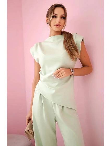 Asymetrická blúzka + nohavice svetlá mentolová