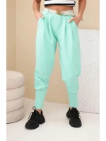 Dámske bavlnené nohavice s vysokým pásom a mätovým opaskom