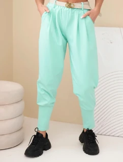 Dámske bavlnené nohavice s vysokým pásom a mätovým opaskom