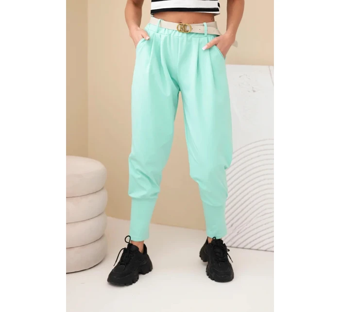 Dámske bavlnené nohavice s vysokým pásom a mätovým opaskom
