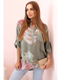 Dámska bavlnená blúzka s kvetinovým vzorom a gombíkmi v khaki farbe