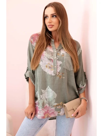 Dámska bavlnená blúzka s kvetinovým vzorom a gombíkmi v khaki farbe