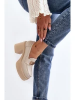 Zazoo 20170 Półbuty Skórzane Damskie Na Słupku Jasnobeżowe