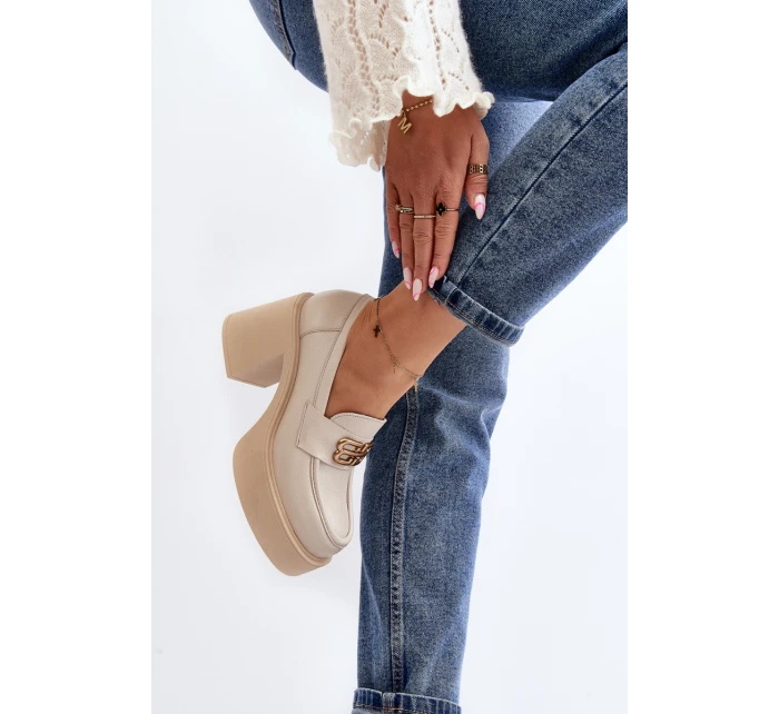 Zazoo 20170 Półbuty Skórzane Damskie Na Słupku Jasnobeżowe