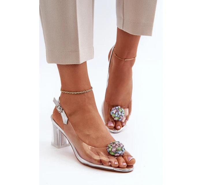 Průhledné sandály na podpatku s ozdobou stříbrné D&A model 21655900 - S.Barski Průhledné sandály na podpatku s ozdobou stříbrné D&A model 21655900 - S.Barski
