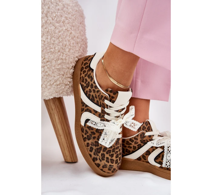 Niskie Sneakersy Damskie Z Koronką Panterka Brązowe Zielle Niskie Sneakersy Damskie Z Koronką Panterka Brązowe Zielle