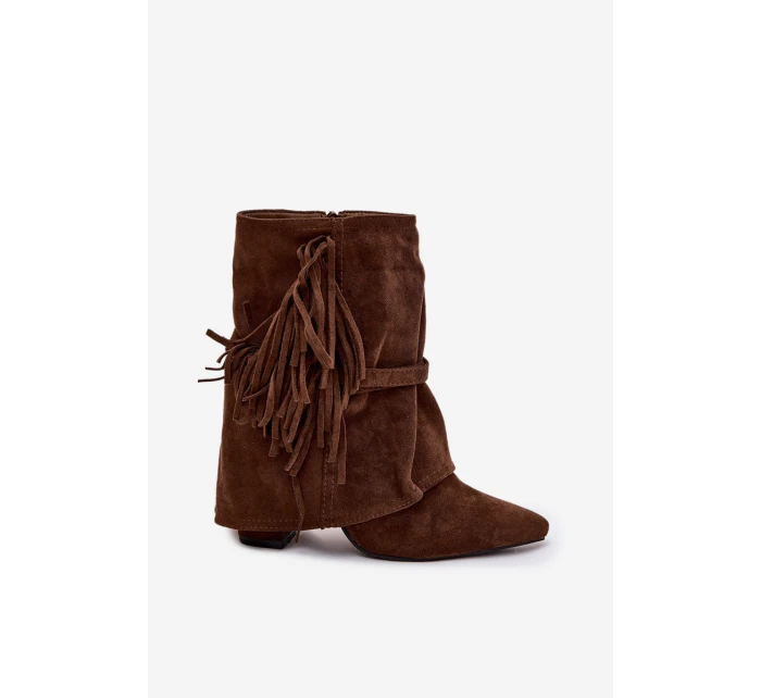 Dámské kotníkové boty na podpatku s třásněmi a zlatými sponami hnědé Evelisse Botki Damskie Dámské kotníkové boty na podpatku s třásněmi a zlatými sponami hnědé Evelisse Botki Damskie