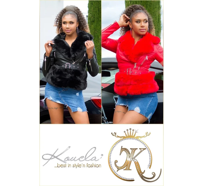 Dámská sexy kožená bunda s kožešinou Červená model 21041666 - In-style Fashion Dámská sexy kožená bunda s kožešinou Červená model 21041666 - In-style Fashion