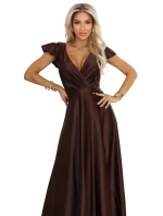 411-15 CRYSTAL saténové dlhé šaty s výstrihom - čokoládové