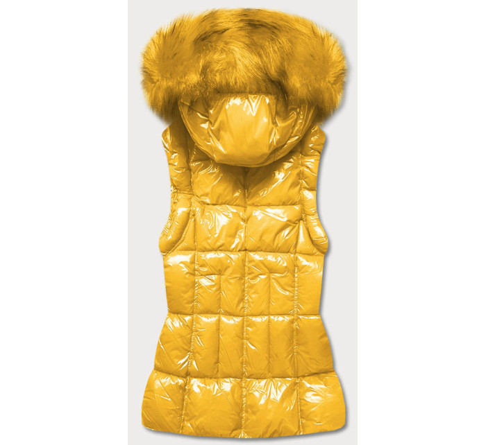 Žltá lakovaná dámska vesta s kožušinou (DK027-86)
