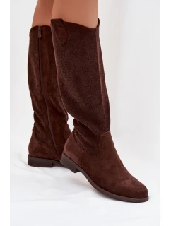 Dámské kozačky s krajkovým vzorem na nízkém podpatku model 22031871 Čokoládové - S.Barski