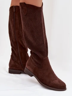 Dámské kozačky s krajkovým vzorem na nízkém podpatku model 22031871 Čokoládové - S.Barski