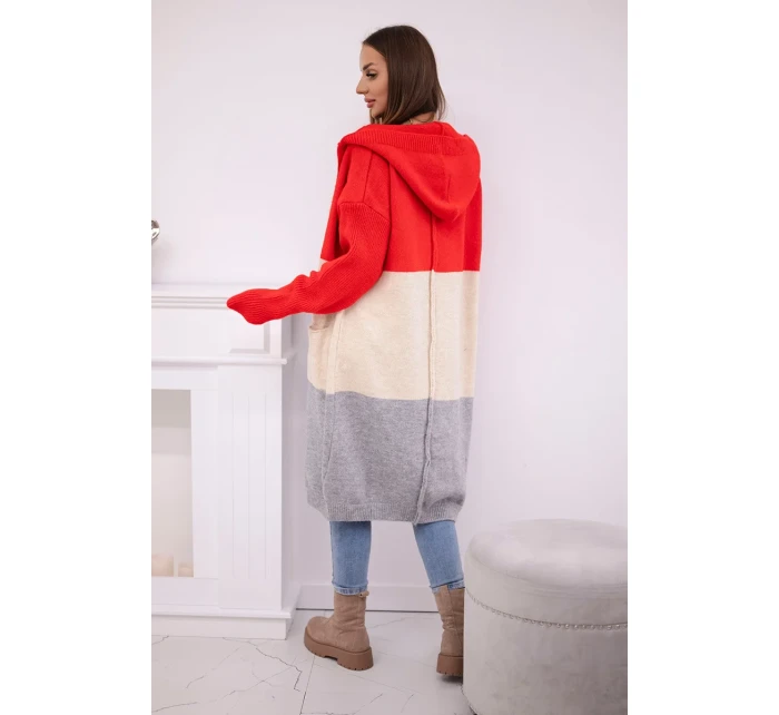 Pruhovaný sveter s kapucňou červený + béžový + sivý