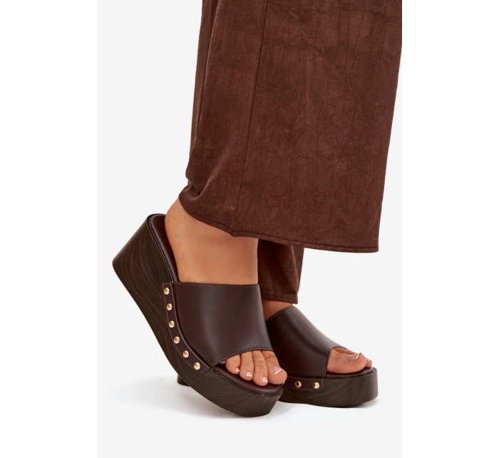 Dámské pantofle na platformě se zlatými sponami hnědé Arionne