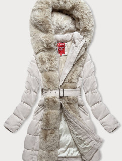 Dámská zimní bunda v barvě ecru s kožešinou (2M-008)