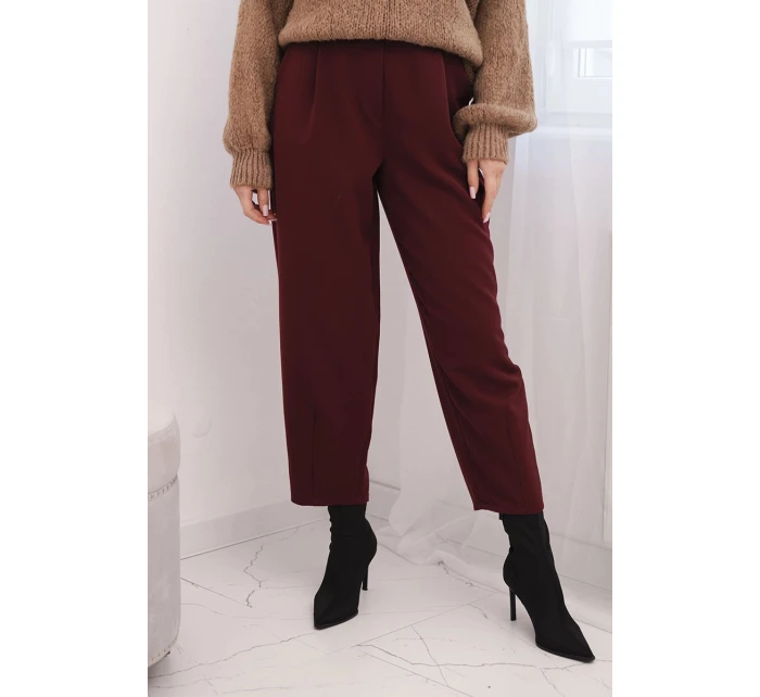 Dámské kalhoty s vysokým pasem a záhyby bordové
