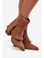 Dámské kotníkové boty na podpatku s límcem světle hnědé model 21714385 - Boto