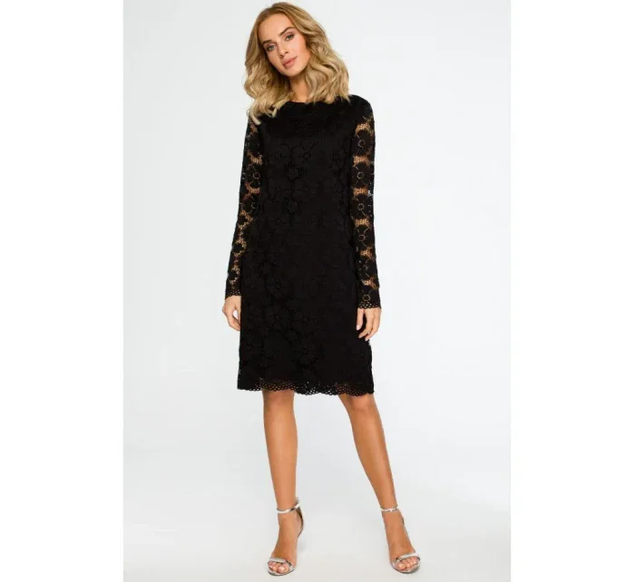 M406 krajkové šaty do áčka s dlhými rukávmi - čierne