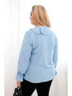 Plus veľkosť dámske viskózové blúzka s volánom a ozdobné brošne modrá