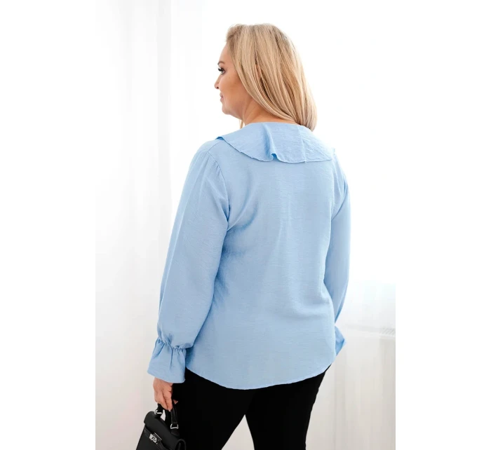 Plus veľkosť dámske viskózové blúzka s volánom a ozdobné brošne modrá